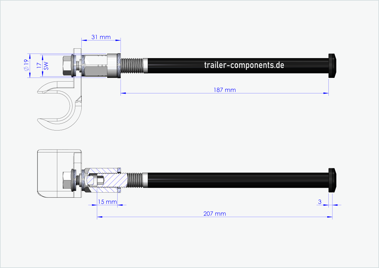Universal thru axle with adapter for ORBEA | for left-hand thread M12 x 1.50 - suitable for Thule, Qeridoo, Burley, Prophete, Hamax, Trixie and many more.