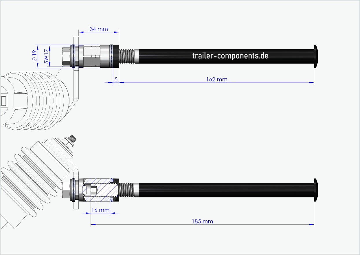 Thru axle with Weber adapter for TOUT TERRAIN | for left-hand thread M12 x 1.50 - suitable for Weber clutches type: E - EL - ES
