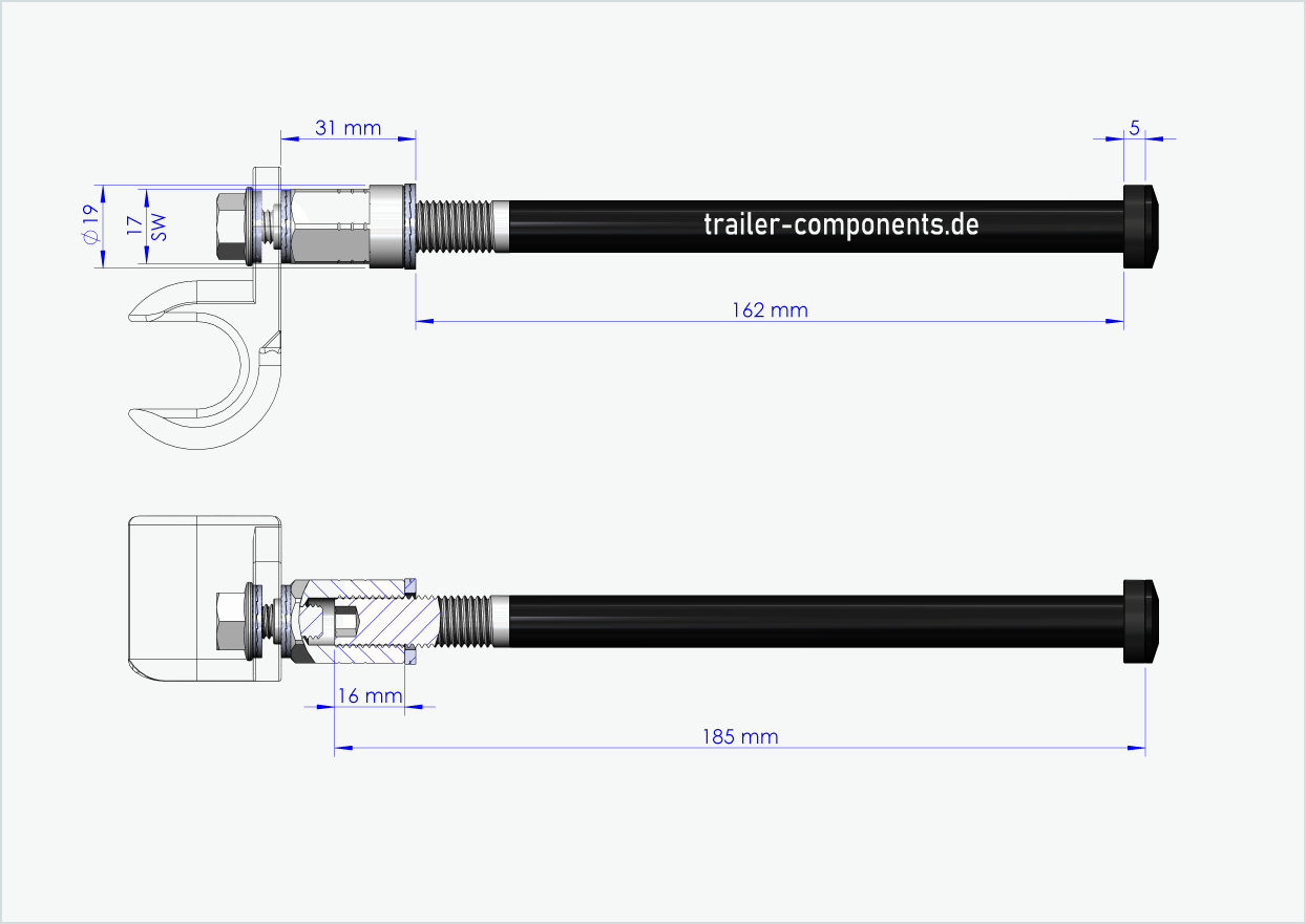 Universal thru axle with adapter for TOUT TERRAIN | for left-hand thread M12 x 1.50 - suitable for Thule, Qeridoo, Burley, Prophete, Hamax, Trixie and many more.