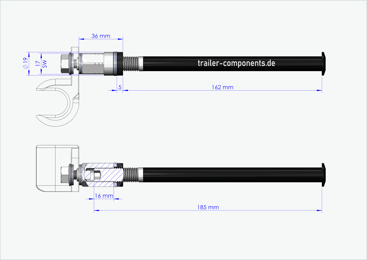 Universal thru axle with adapter for TOUT TERRAIN | for left-hand thread M12 x 1.50 - suitable for Thule, Qeridoo, Burley, Prophete, Hamax, Trixie and many more.