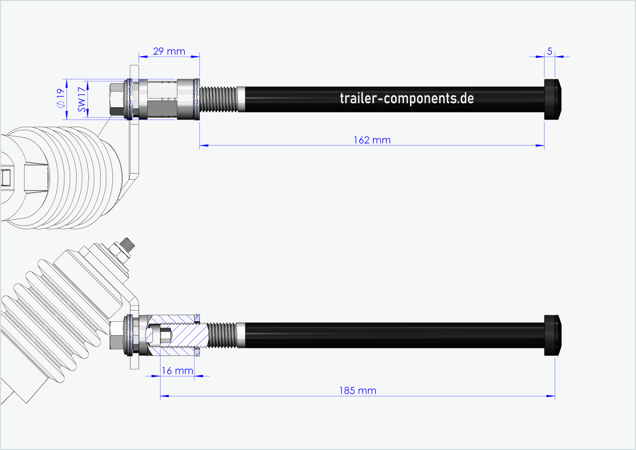 Thru axle with Weber adapter for TOUT TERRAIN | for left-hand thread M12 x 1.50 - suitable for Weber clutches type: E - EL - ES